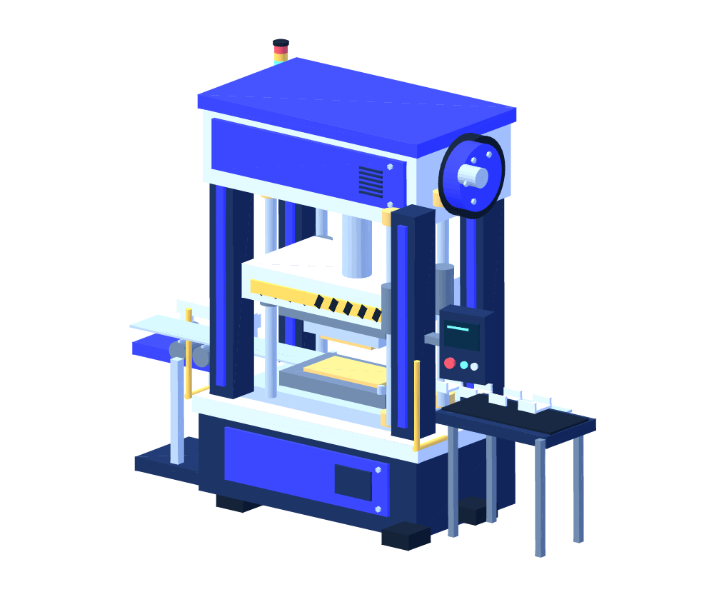 A three-dimensional illustration of a stamping press, steel strip feeder and output conveyor